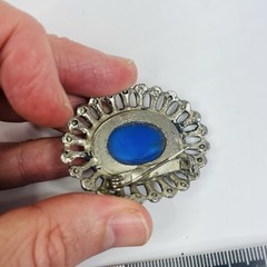 Vintage Silver Tone Blue Cabochon Oval Brooch Openwork Beaded Frame 45mm Folk