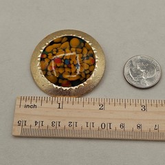 Vintage Round Art Glass Brooch Gold Tone Yellow Multi Color Mosaic MCM Retro Pin