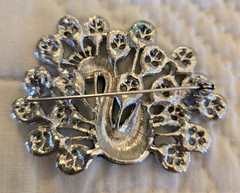 PEACOCK Brooch silver-tone & enamel 2 1/4″ x 1 1/2″ Bird Costume Glitter Jewelry