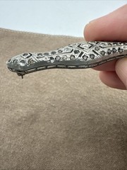 Antique Silver Tone Filigree Brooch Pin w/Rhinestones