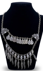 Vintage Silver Tone Boho Coin Feather Tassel Layered Necklace Gypsy Bibi Women