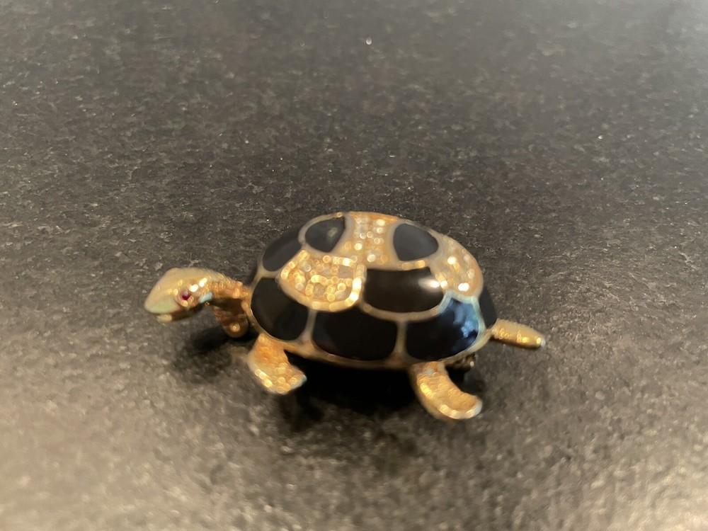 4.5”CM GOLD TONE BLACK ENAMEL & CRYSTALS TURTLE BROOCH