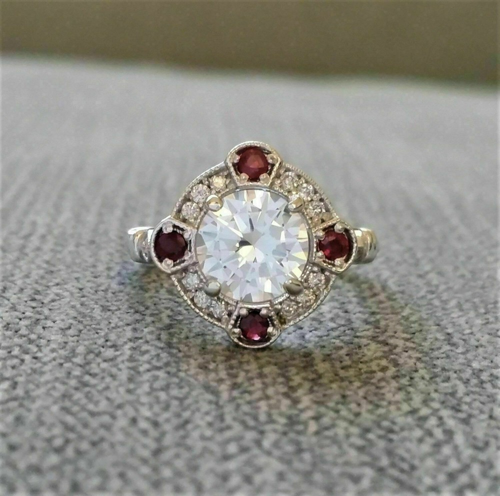 Art Deco Style Round Cut Lab Created Diamond & Ruby 925 Silver Engagement Ring