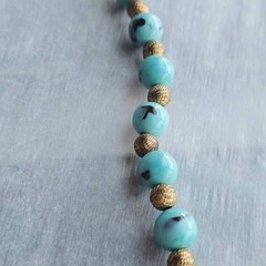 Vintage Lampwork Aqua Blue Glass Bead Necklace Textured Brass Spacers Art Glass
