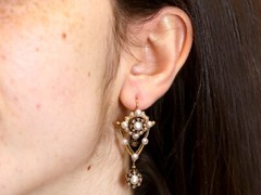 Natural Pearl, 0.66Ct Diamond and Enamel, 9k Yellow Gold Drop Earrings