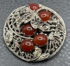Vintage Art Deco Ornate Filigree Brooch Faux Carnelian Cabochon Silver Tone