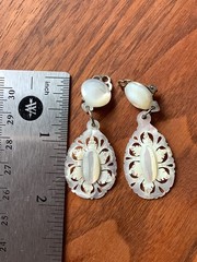 Vintage Carved Mother of Pearl Dangle Chandelier Clip-On Earrings Estate Jewelry
