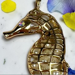 Vtg Large Gold Tone Seahorse Pendant Faux Pearl Filled Iridescent Rhinestone Eye