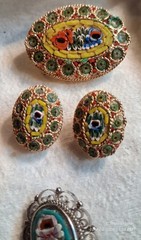 VTG/Antique 14pc Micro Mosaic Jewelry Mix Brooches & Earrings Gold/Silver Toned