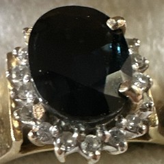 Vintage Yellow Gold Oval Blue Sapphire Halo Cluster Ring, Diamond Accents, 4/5