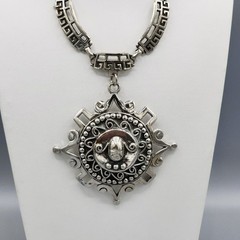 1970-80s Silver Tone Greek Key Revival Helios Sun God Face Pendant Necklace