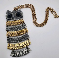 Large Vintage Retro Silver/Gold Tone ARTICULATED OWL Pendant Necklace 22″ Chain!