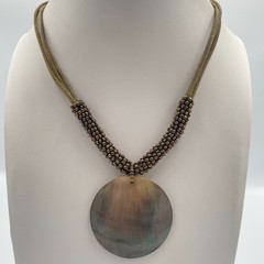 Vintage Lia Sophia Mother of Pearl Pendant Necklace Boho Beaded Cord Retro