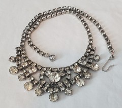 Vintage Rhinestone Statement Necklace Silver Tone Bib Bridal 15.5in