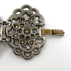 Vintage Deco Pot Metal Panel Link Bracelet Silver Tone Wide Ornate Floral 7.5″