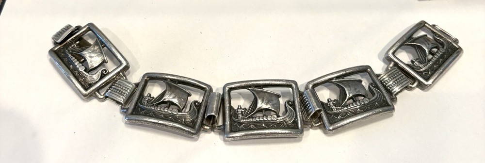 Martin Elmblad 1947 Sterling Silver Viking Ship Bracelet Stockholm 7.75 Inch