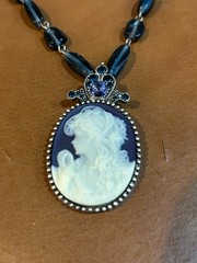 Vintage Blue Glass Beaded Necklace with Opalescent Cameo Style Pendant 15 inches