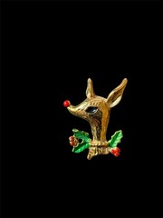 Vintage IWAN Brooch Rudolph Reindeer Gold Tone Enamel Signed Holly Berries Pin