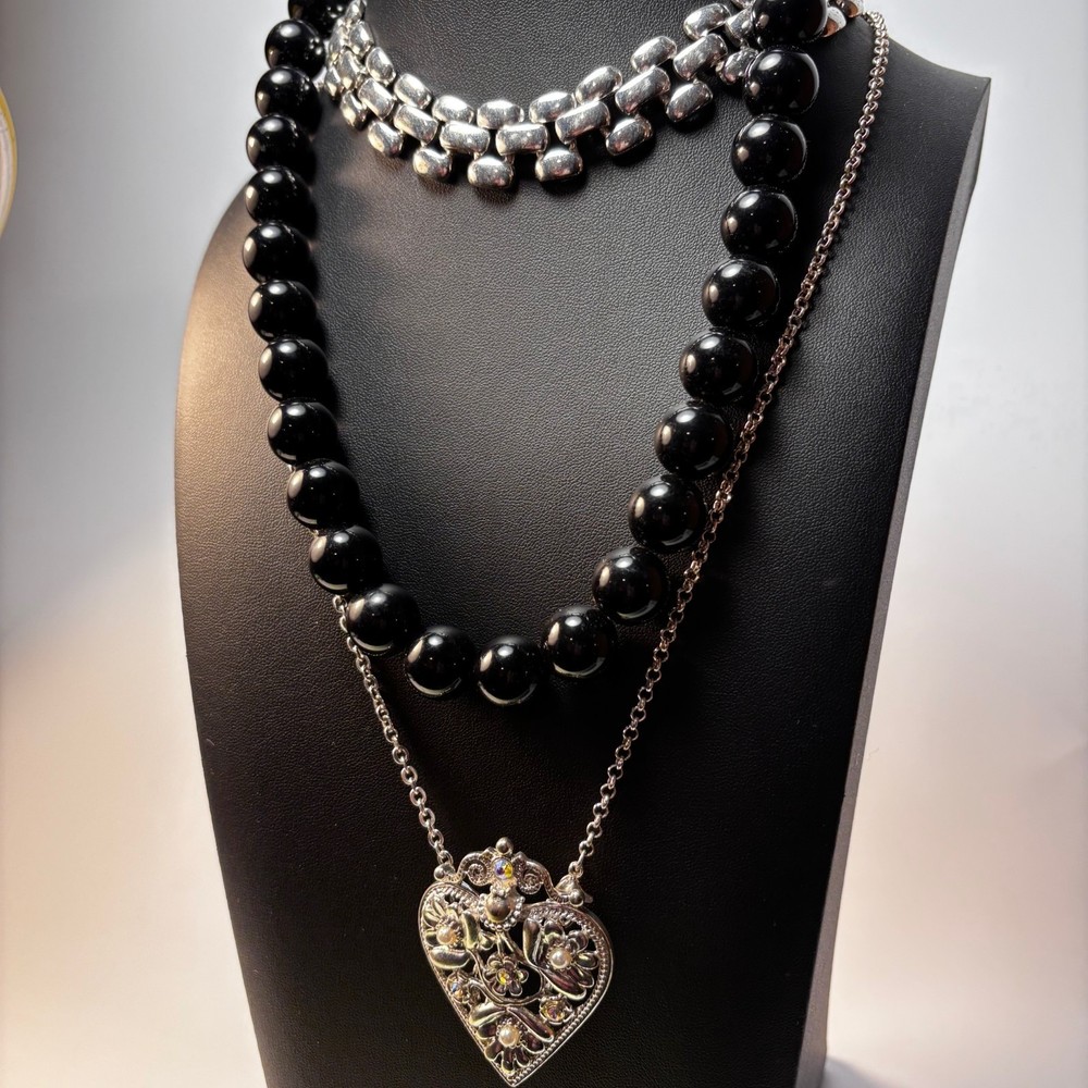 Necklace Lot Goth Large Filigree Heart Pendant Metal Choker Acrylic Beads