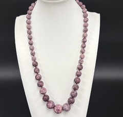 Vintage Graduated Lepidolite Stone Beaded Necklace, Barrel Closure, Knotted