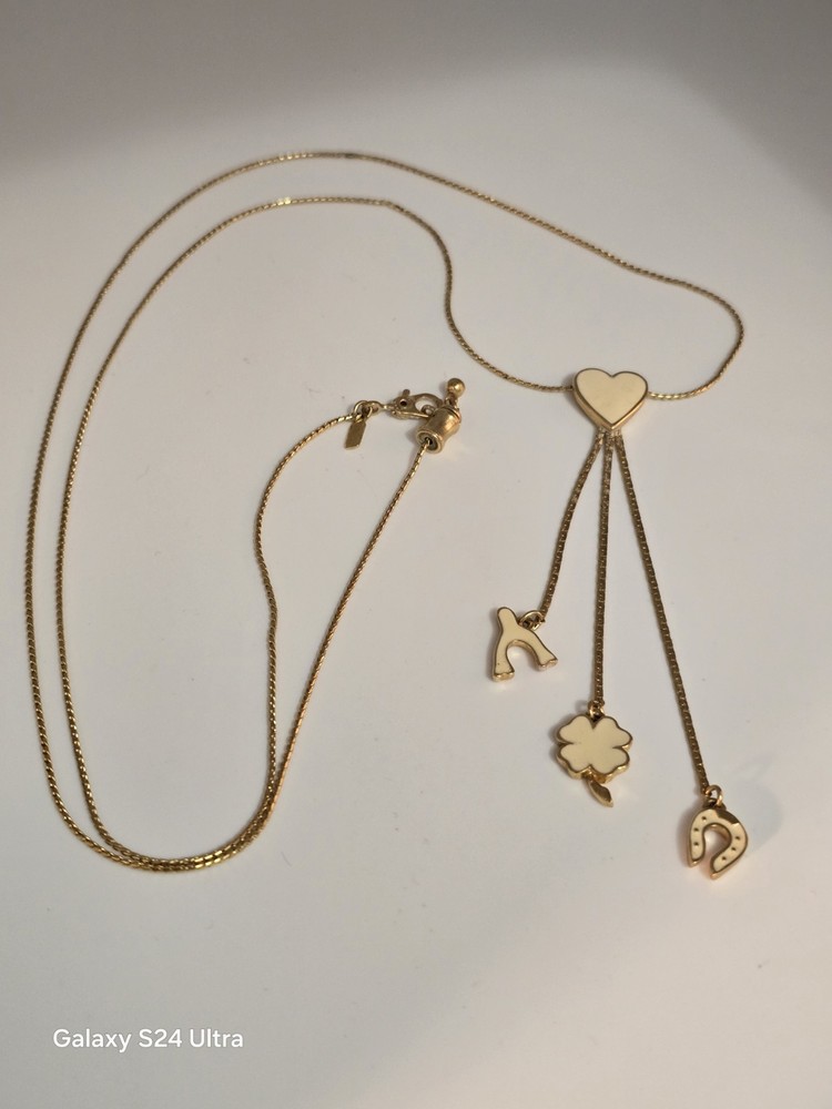 Vintage Monet Lariat Necklace Gold Tone Cream Enamel Good Luck Charms Heart