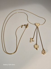 Vintage Monet Lariat Necklace Gold Tone Cream Enamel Good Luck Charms Heart