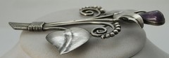 Modernist Vintage Sterling Handwrought Handmade Fllower Cabochon Amethyst Pin