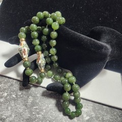 Green Nephrite Jade Beaded Necklace Floral Cloisonne Enamel Accents 26in