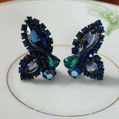 Weiss Climber Earring Dark Jewel Tone Color Rhinestone Couture Signed 60s Black