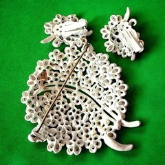 Enamel Flower Brooch Earrings Set Rhinestone Black White Vintage Clips