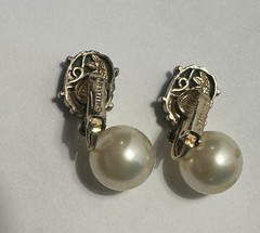 Marvella Vintage Dangling Pearl & Jade Green Color Carved Stone or Glass
