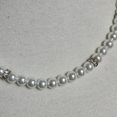 Icing White Faux Pearl Necklace Silver-Tone Rhinestone Rondelles Spacers