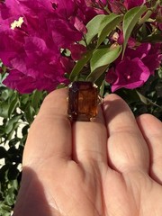 Vintage Avon Cocktail Ring Large Facted Cognac Color Glass Gold Tone Sz 6