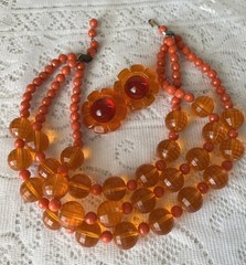 Vintage 60s Necklace Earrings Lucite Mod Plastic Set Lot Flower Orange Red