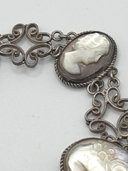 VTG 800 Silver Filigree Cameo Bracelet 7″ Mother of Pearl/Shell Carved
