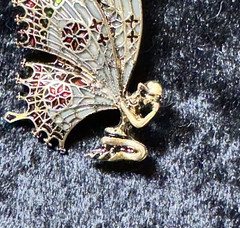 Praying Fairy Brooch Butterfly Wings Red Green White Enamel on Gold Tone Metal