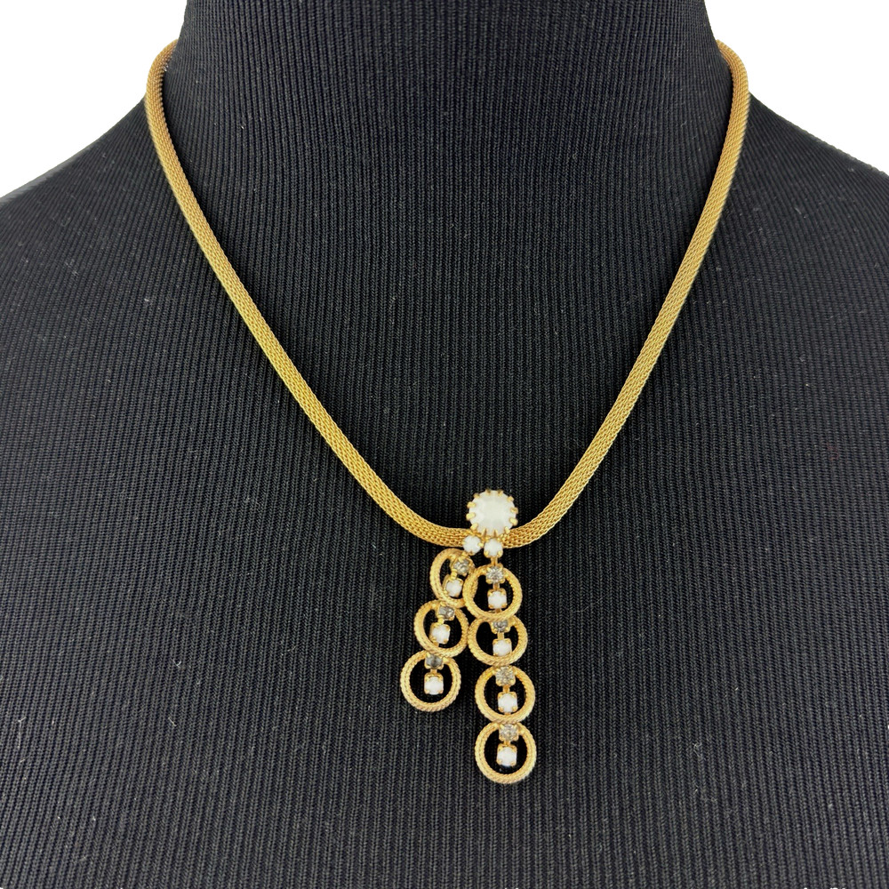 MESH gold-tone pendant necklace – vintage white milk glass & rhinestone drops