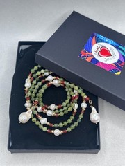 Green Aventurine & White Pearl Lariat Necklace Gold Baroque Pearl Kundan Sautoir