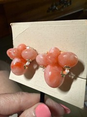Vintage Japan Necklace Earrings Set Plastic Glass Orange White 36 in NOS