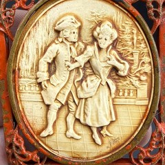 Vintage Colonial Courting Couple Brooch Red Enamel Metal Celluloid