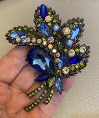 Vintage Blue AB Rhinestone Brooch Oversized Corsage Bouquet Black Metal unsigned