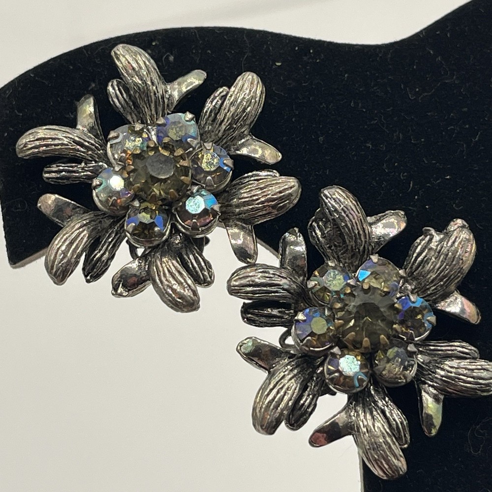 Vintage Selro Selini Aurora Borealis Rhinestone Clip-On Earrings Signed Floral