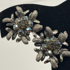 Vintage Selro Selini Aurora Borealis Rhinestone Clip-On Earrings Signed Floral