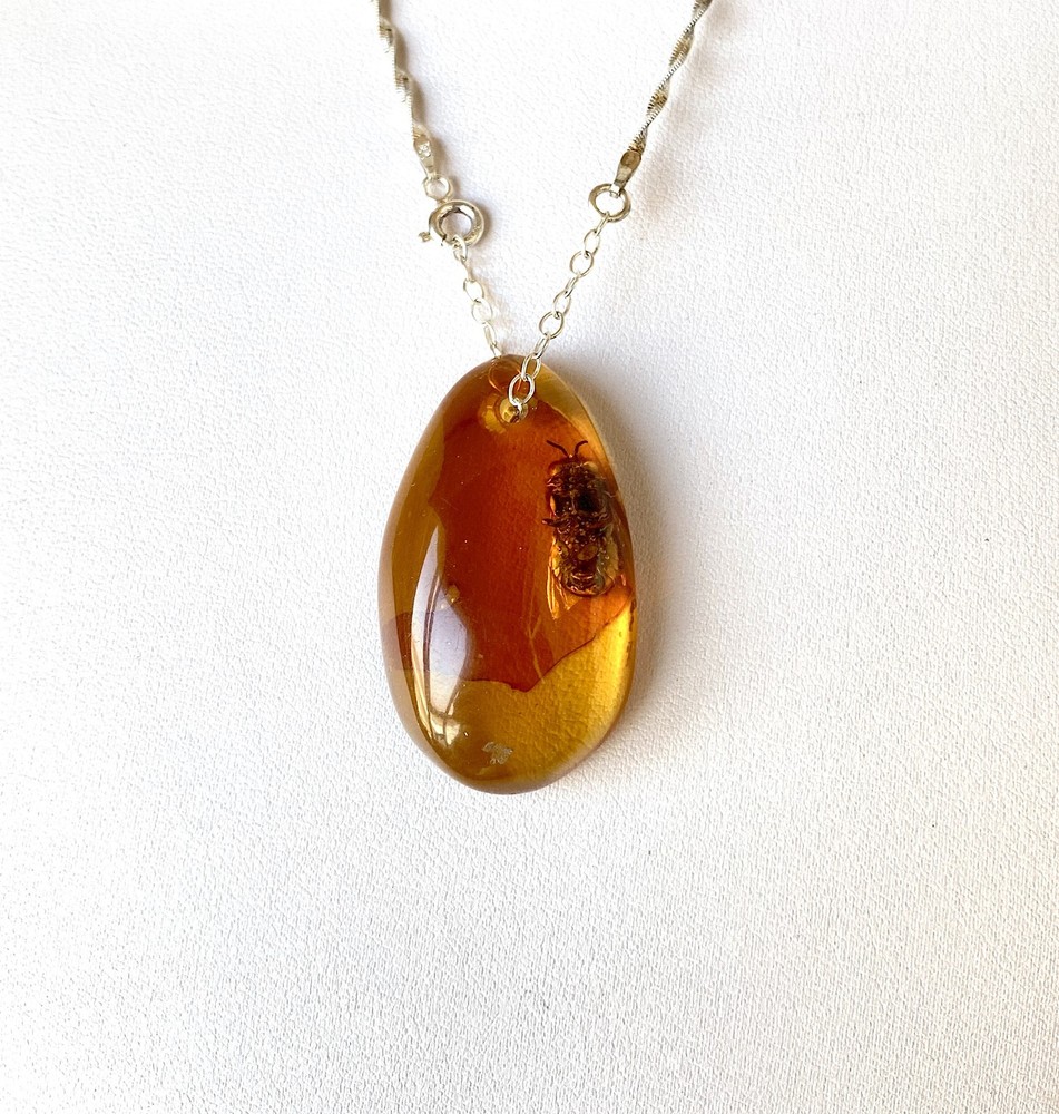Splendid Amber Pendant with chain shaped like a Drop Bee