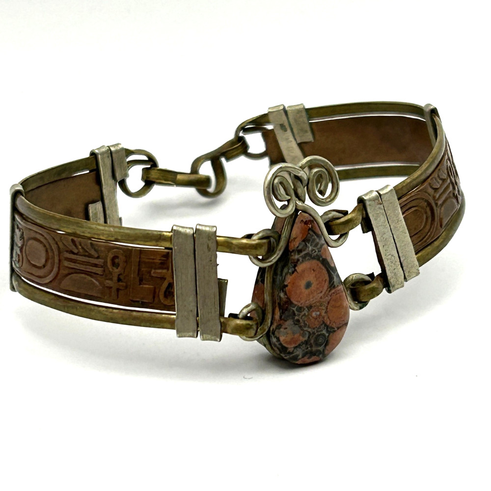 Leather Jasper Stone Bracelet Egyptian Revival Vintage Brass 6.75 in