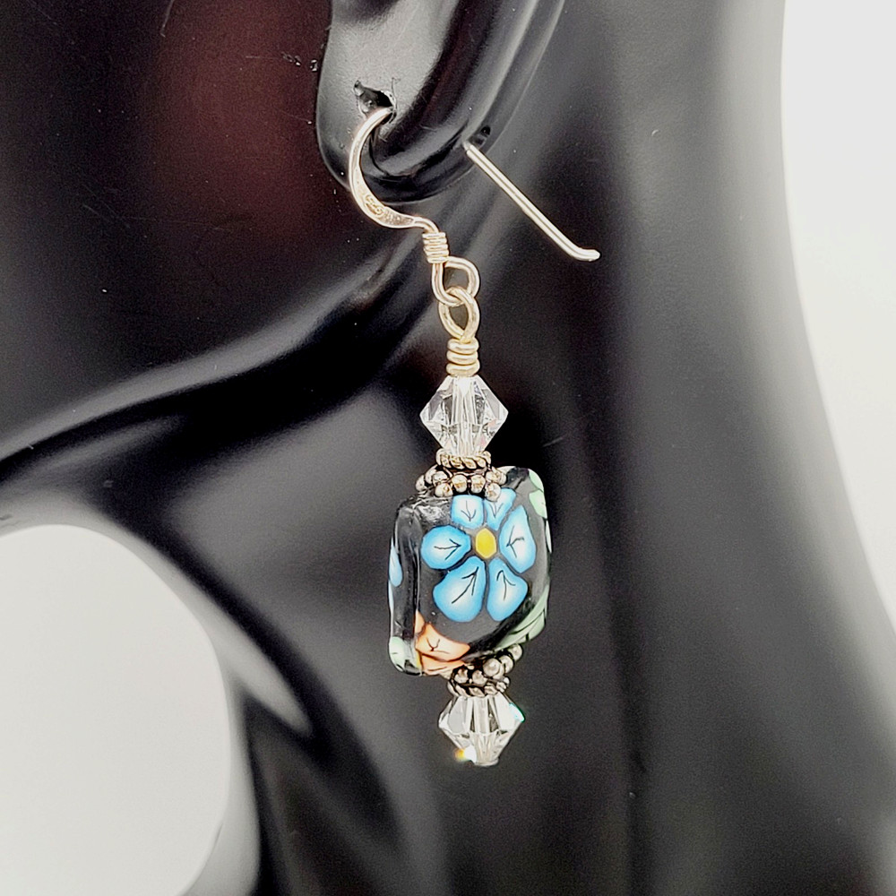 Polymer Clay Puffed Pillow Mold Colorful Floral 925 Silver Hook Pierced Earrings