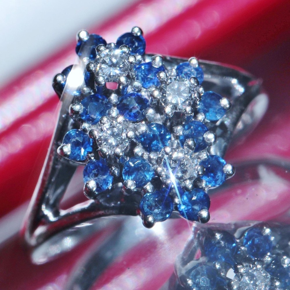 14k white gold sz 4 ring 0.94ct treated Ceylon sapphire diamond 4.0gr C-51