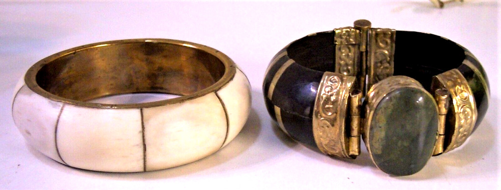 2 vintage India clamper bangle horn bone brass stone gem bracelets