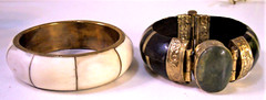 2 vintage India clamper bangle horn bone brass stone gem bracelets