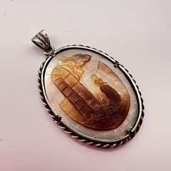 Antique Old Hand Carved Natural Shell Woman’s Jewelry Pendant Cameo Silver 900